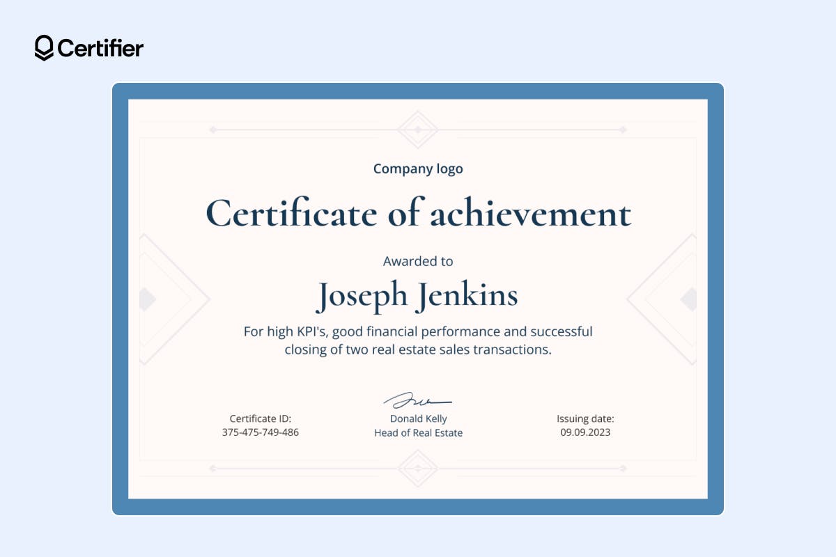 Elegant free achievement award certificate template with placeholders for performance metrics and company logo