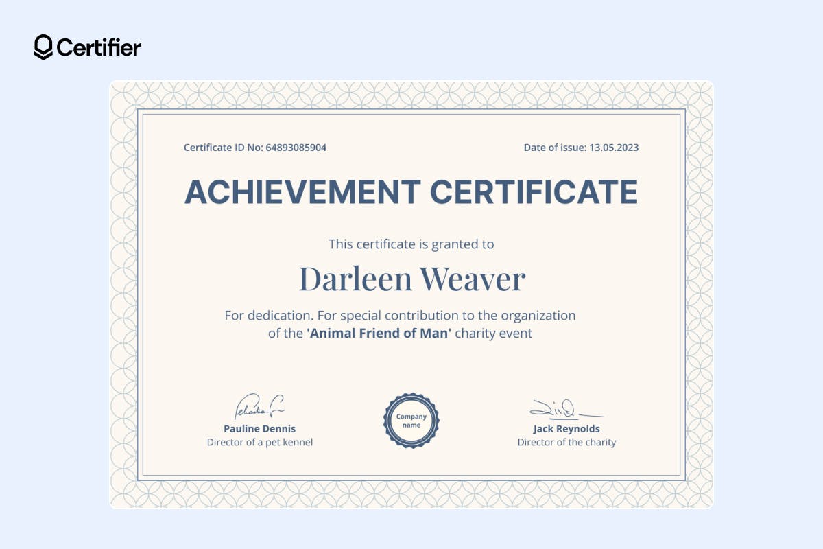 Charitable event contribution certificate template with a decorative border