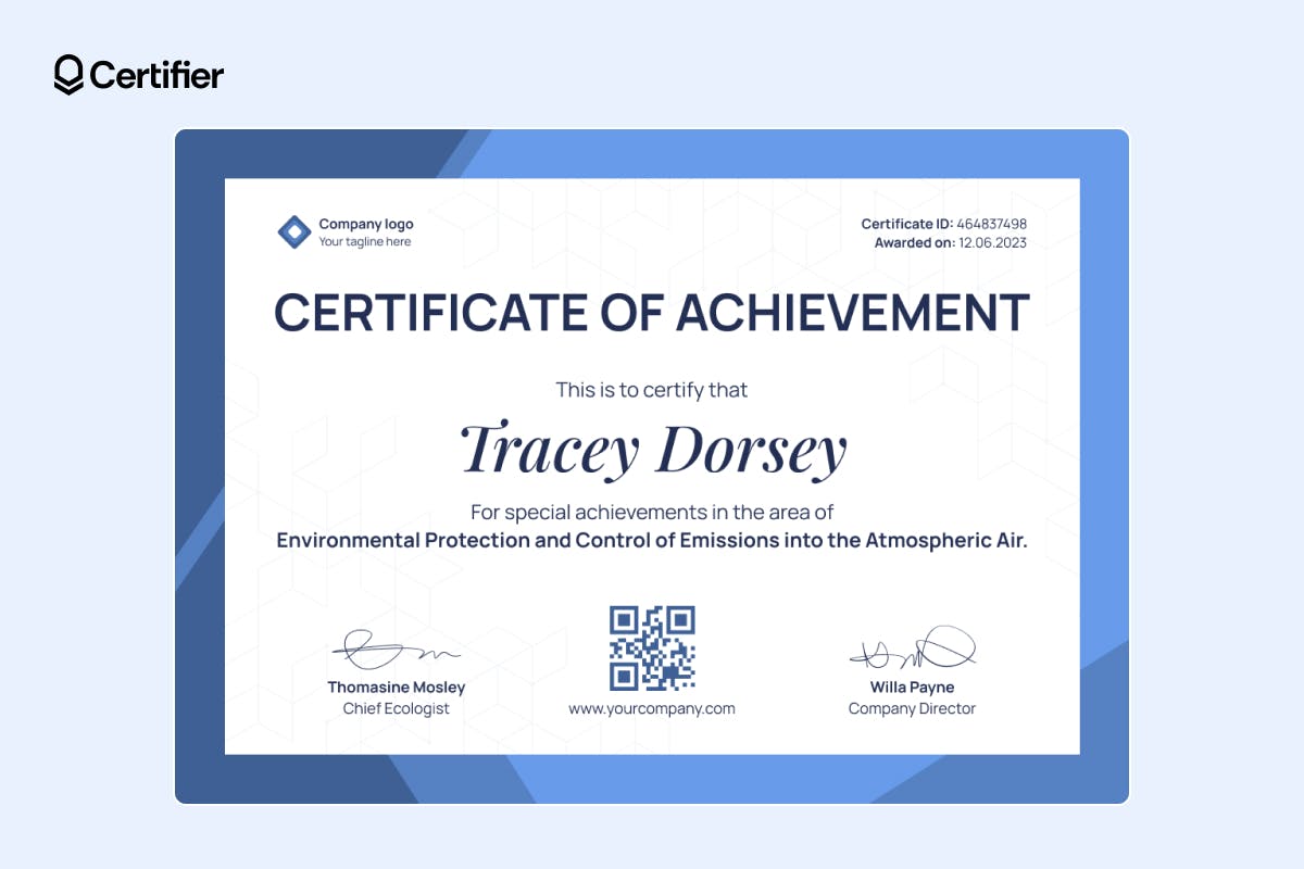 Professional certificate template recognizing environmental achievements, complete with QR code and placeholder for a company logo