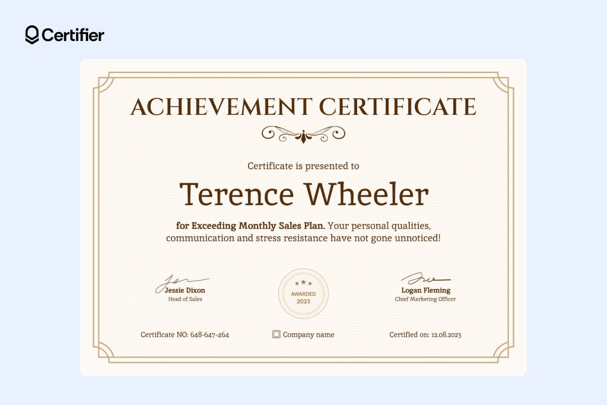 Achievement certificate template with ornate border for exceeding monthly goals, including a section for personal commendation