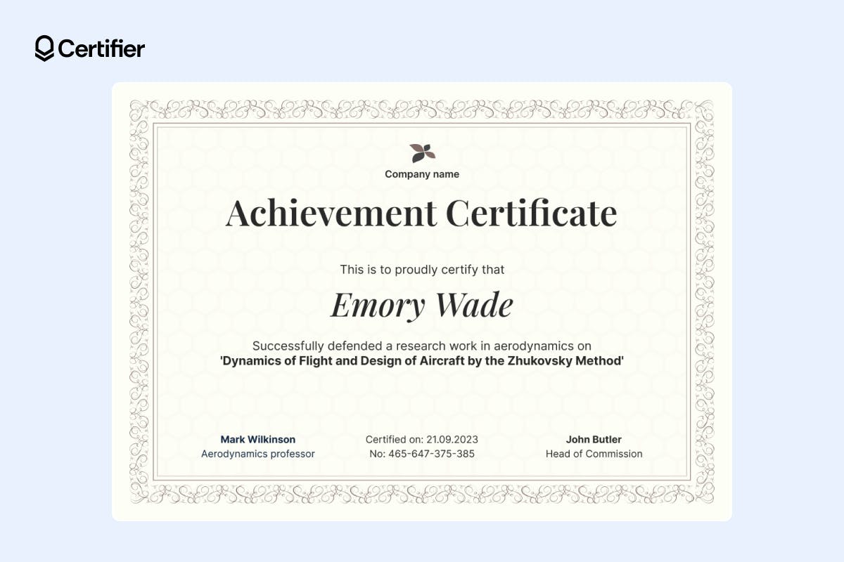 Elegant academic achievement certificate template that includes intricate borders and a classic typeface