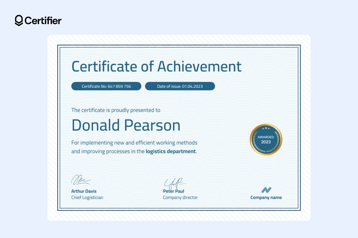 Light blue achievement certificate template, recognizing efficiency improvements, with a gold seal