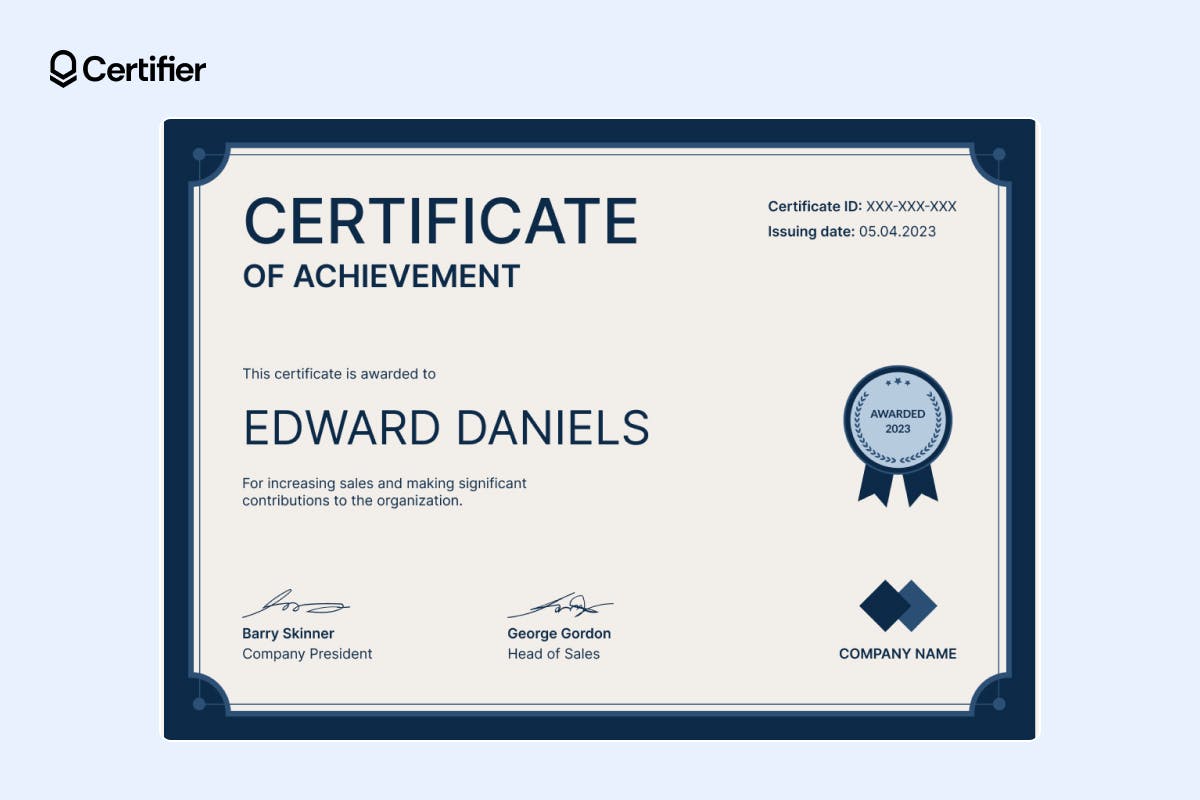 Sales achievement certificate template in navy blue with a ribbon badge, customizable for company and individual recognition
