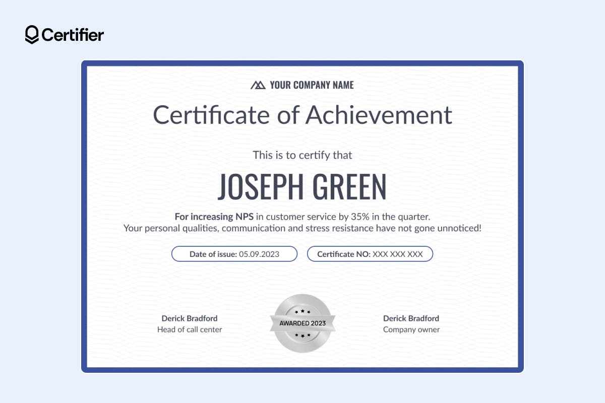 Customer service achievement certificate template in blue tones with a silver star badge