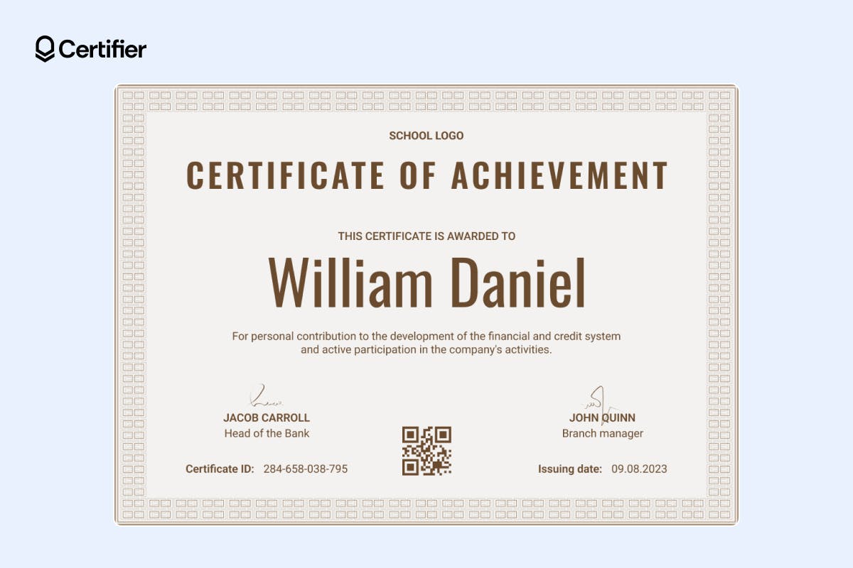 Corporate financial achievement certificate template with QR code and placeholders for the institution's logo and signatures
