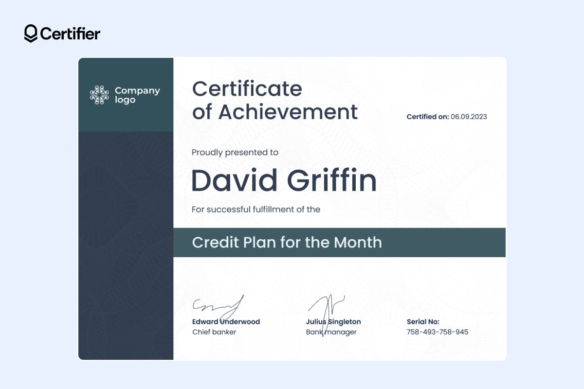 Dark blue and white credit plan achievement certificate template with modern design elements
