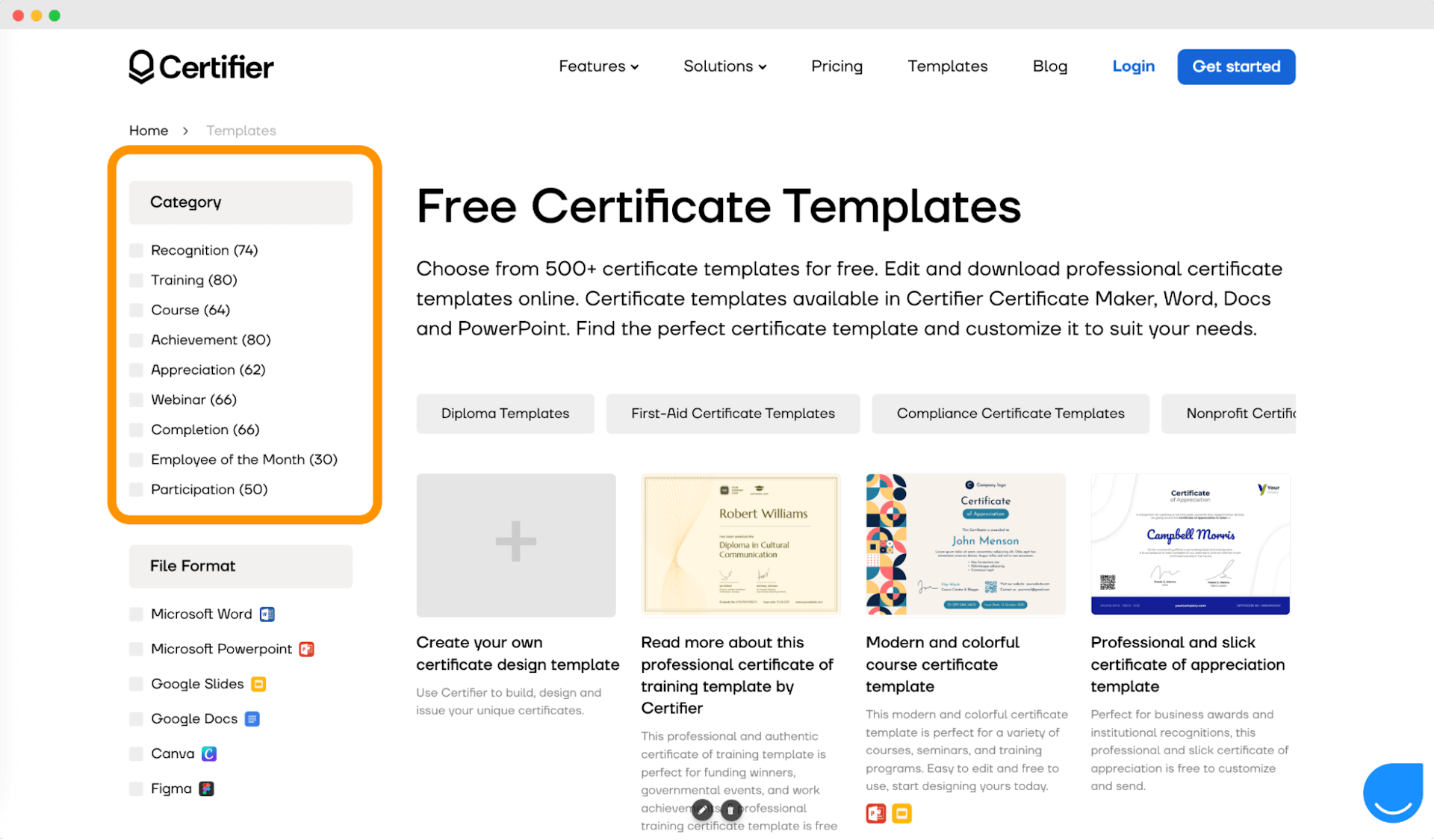 Filtering the PDF certificate templates library through categories.