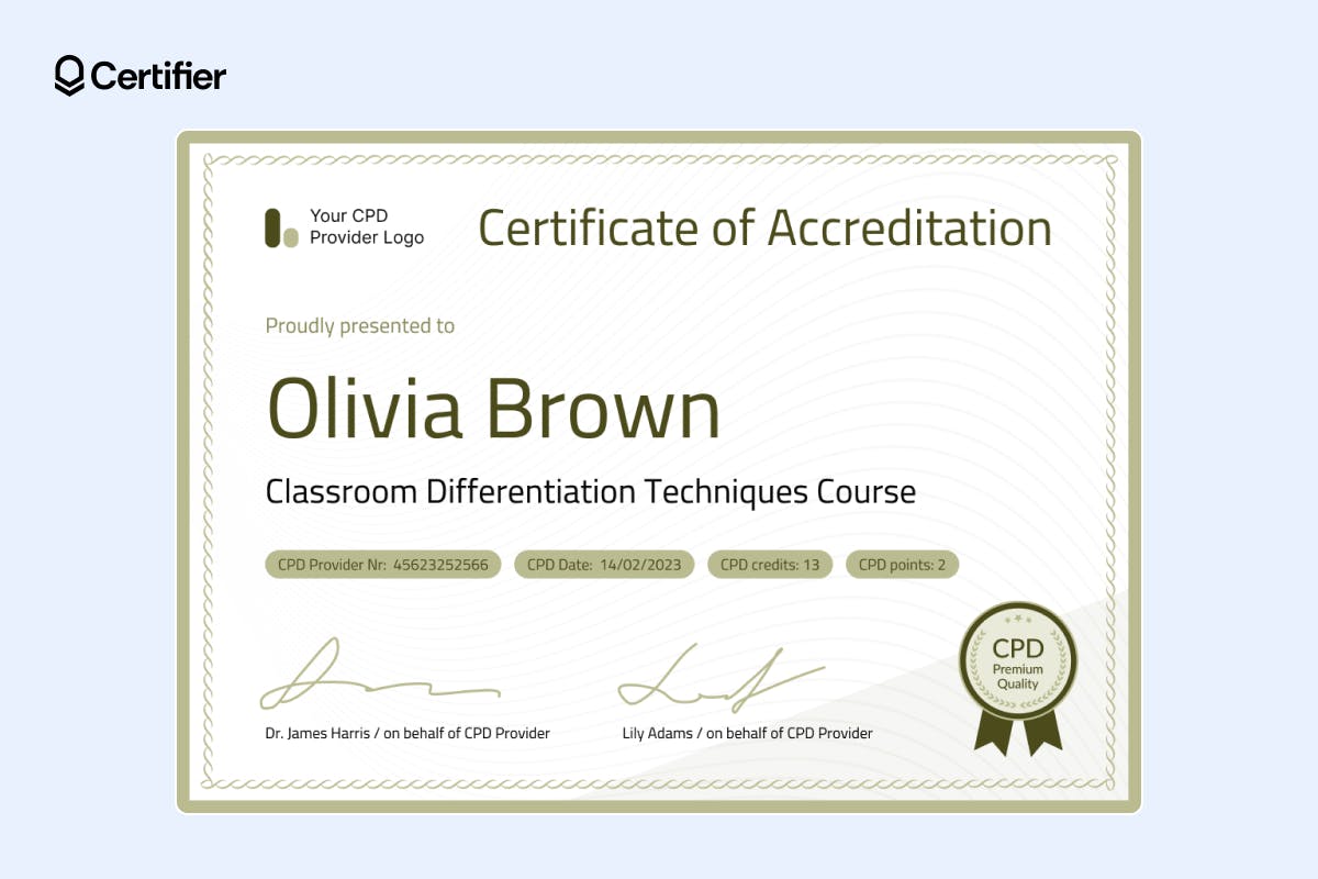 Green-bordered completion certificate template with signature lines and QR code, perfect for corporate governance course completions