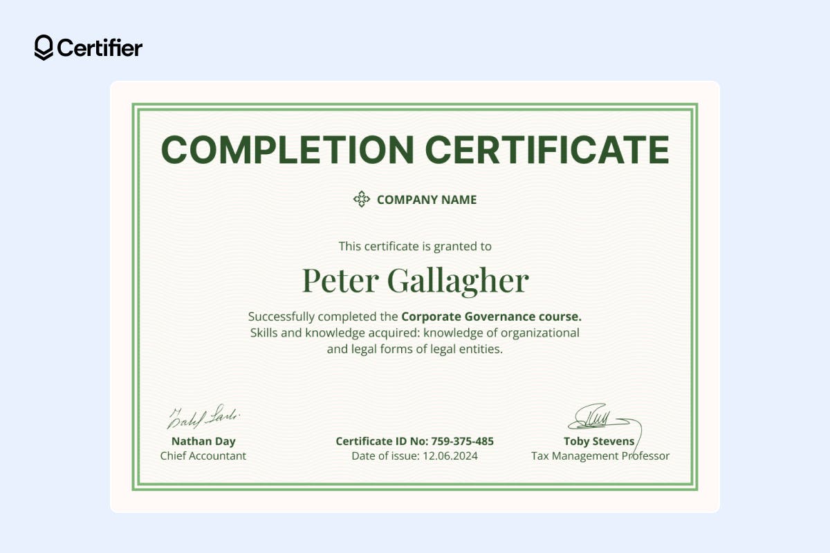 Olive green and cream certificate template with watermark style and quality seal, suitable for CPD accreditation programs, and editable in word