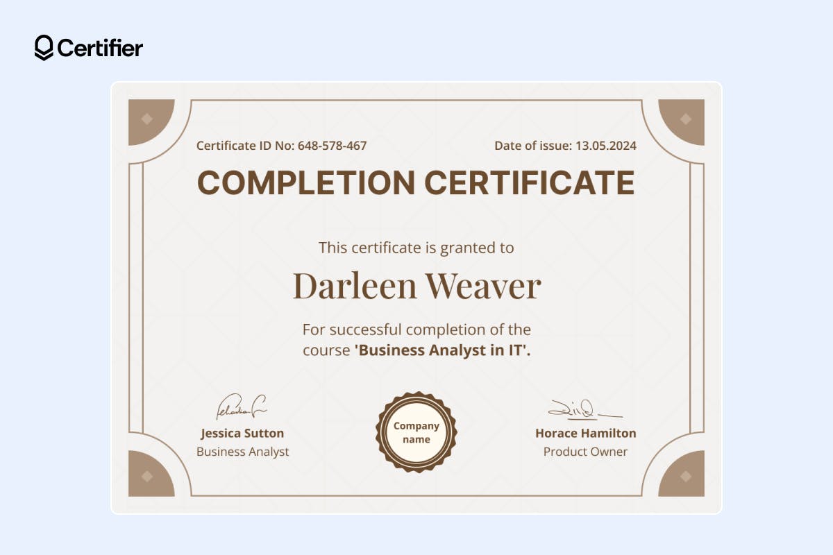 Beige-toned free certificate of completion template with seal motif and signature lines