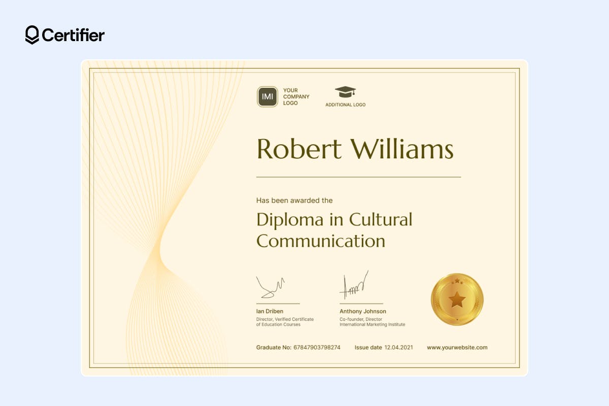 Golden wave design free editable certificate of completion template word with dual logo space