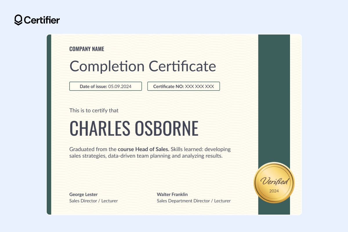 Green textured training completion certificate template with golden seal and signature lines