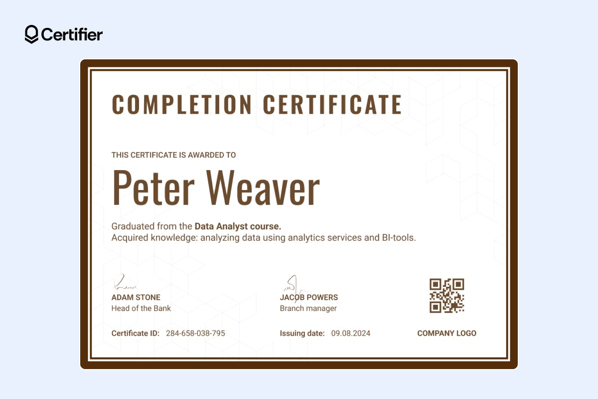 Brown-bordered editable certificate of completion template free download word with QR code