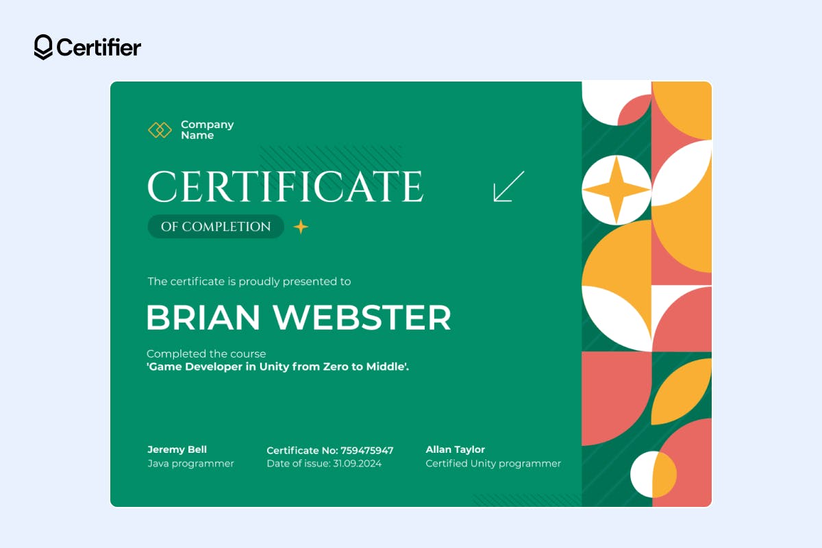 Green and orange geometric certificate of completion free template with signature fields