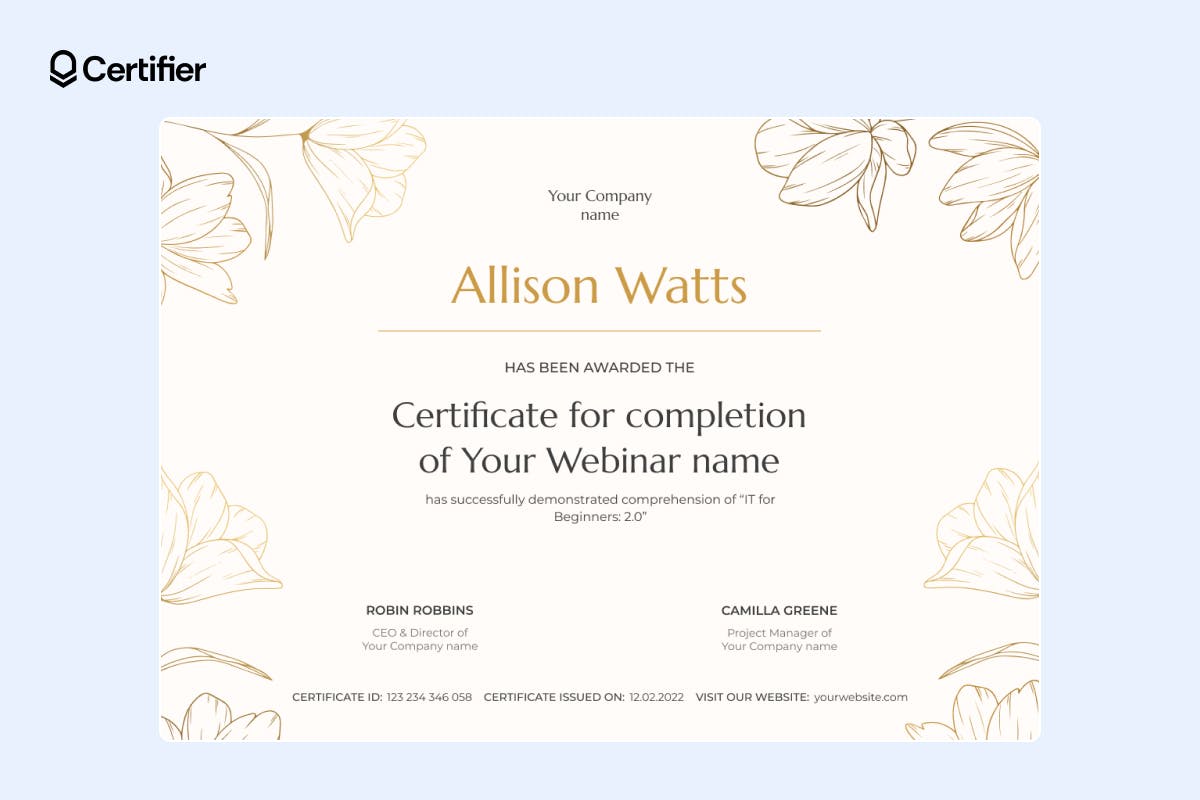 Elegant floral-themed certificate of completion template free download, with QR code and signature lines, ideal for webinar completion acknowledgment