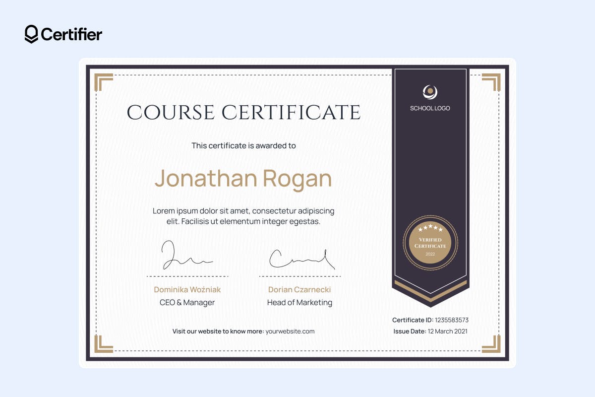 Beige and brown vertical banner course completion certificate template with emblem space