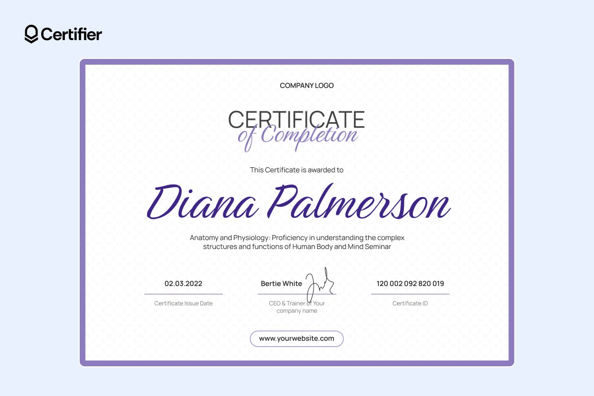 Purple and white certificate of completion word template featuring a geometric background pattern, customizable for corporate training programs
