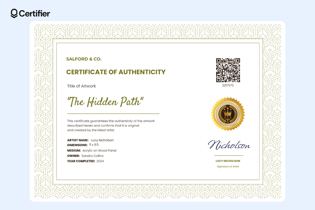 Certificate of authenticity template with a QR code and all vital elements for artists.