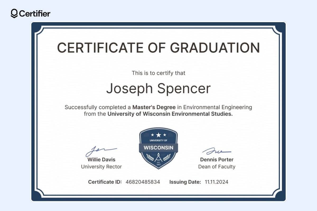 Simple blue-bordered certificate of graduation template with signatures and dedicated space for certificate ID and issuing date.