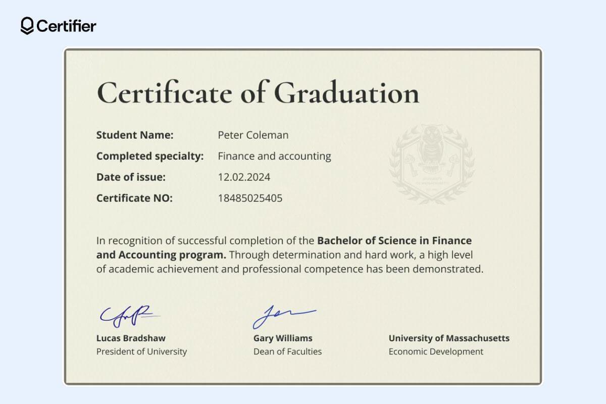 Formal beige certificate of graduation template with seperate section on the student name, completed specialty, date of issue and certificate number.