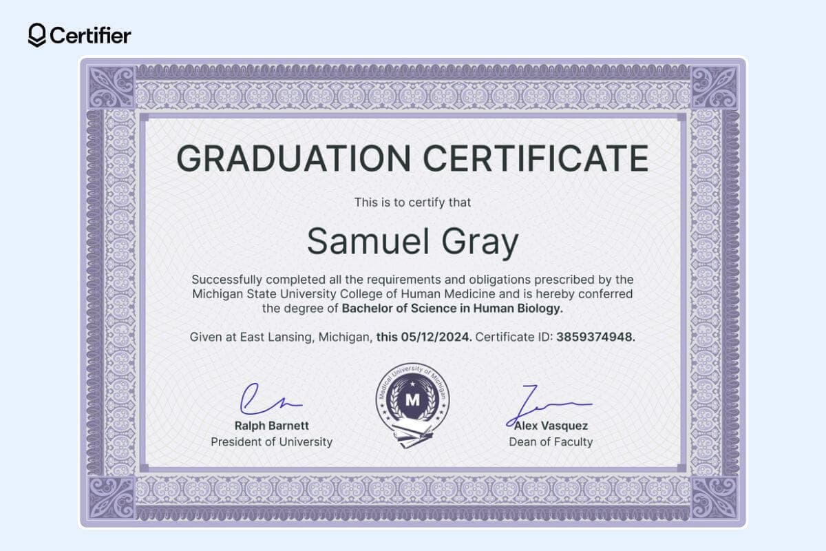 Violet ornate free graduation certificate template with decorative borders and badge at the center.