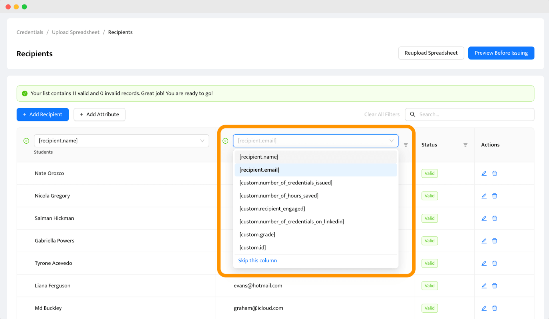 Mapping out the attributes with recipients' data within the Certifier dashboard to create certificate of completion.