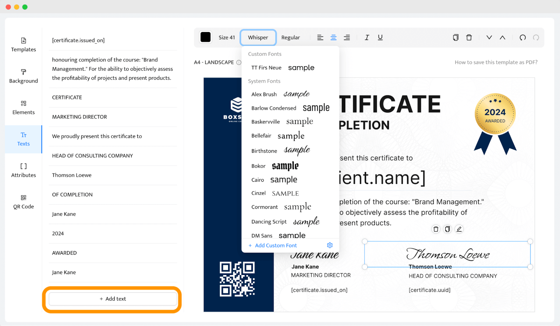 Changing certificate of completion font within the Certifier dashboard.