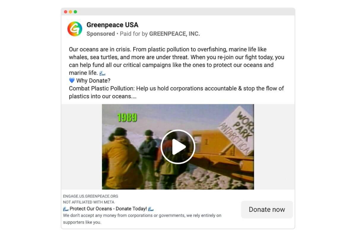 Facebook built-in Donate Now option with the example of the Greenpeace campaign.