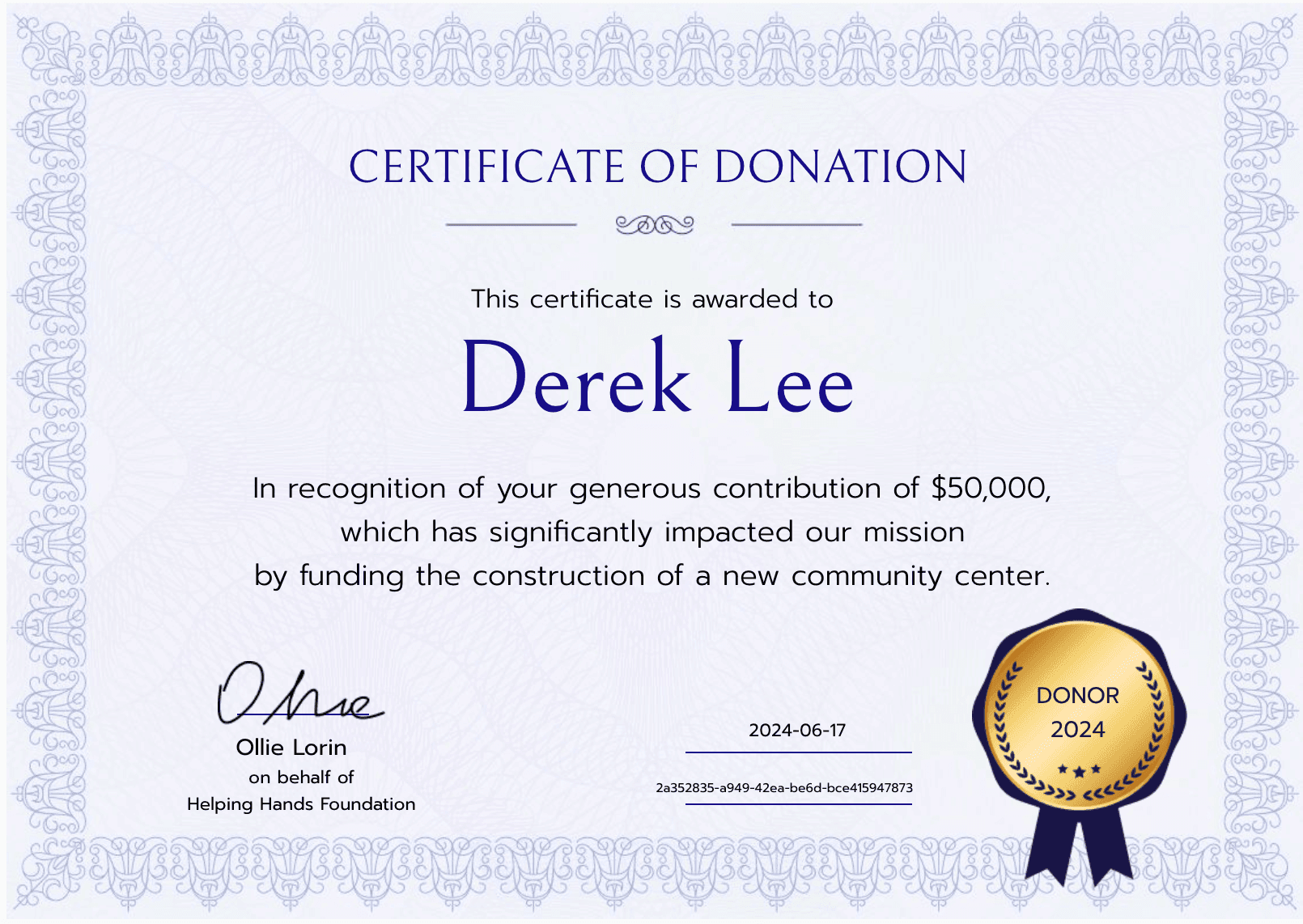 Example of the elegant certificate for major donors with golden badge.