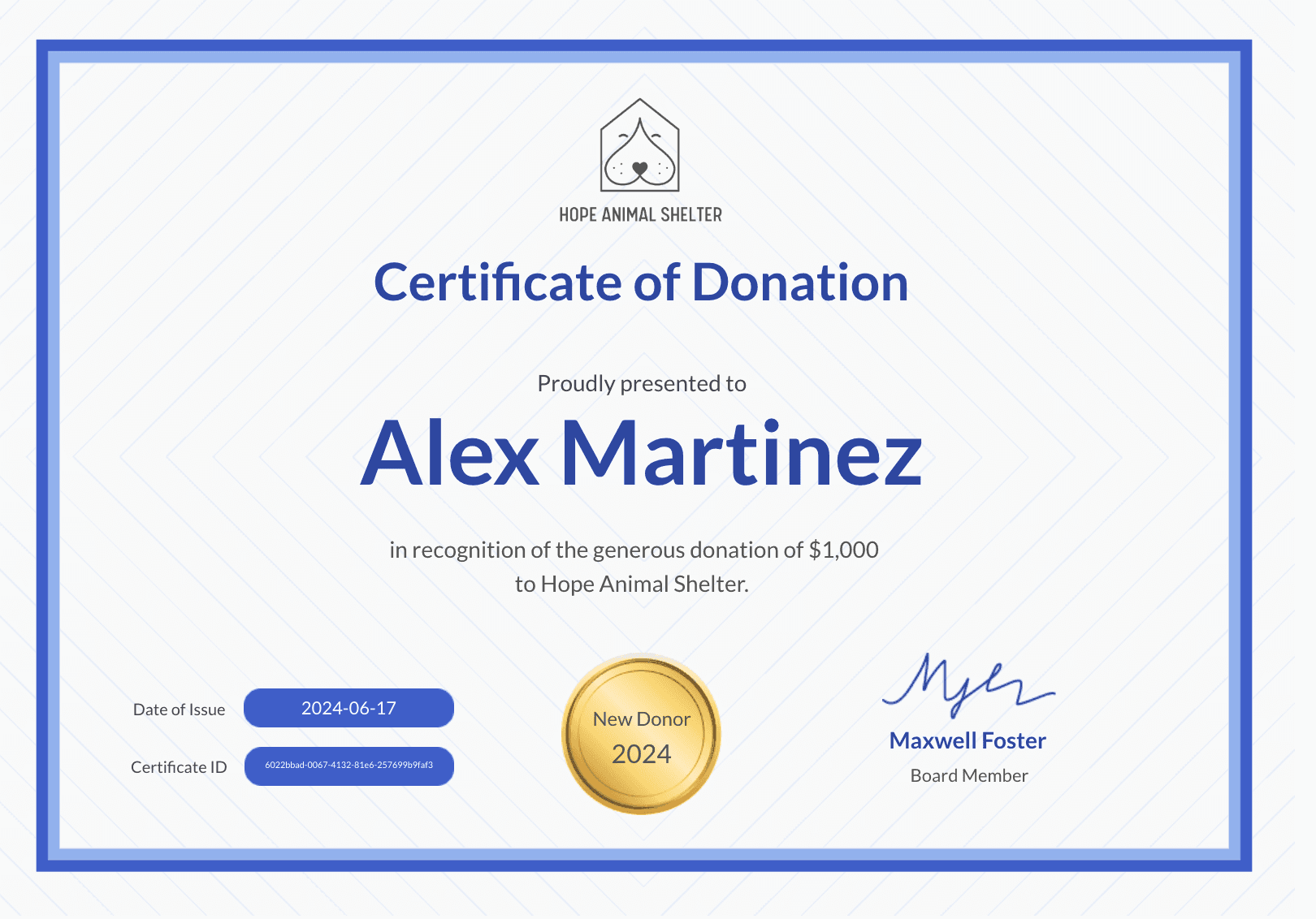 Example of the donation certificate for new donors with blue borders and dedicated space for certificate ID.