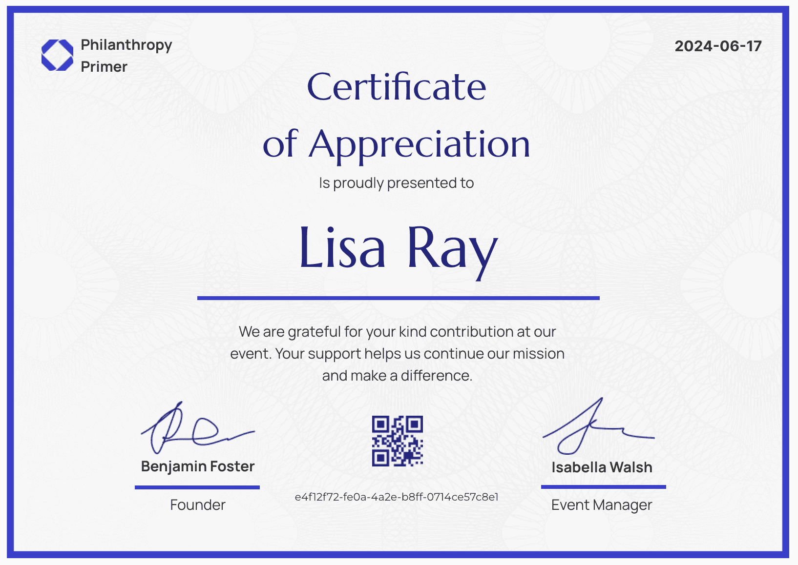 Simple and minimalistic certificate of appreciation for donors example with a QR code.