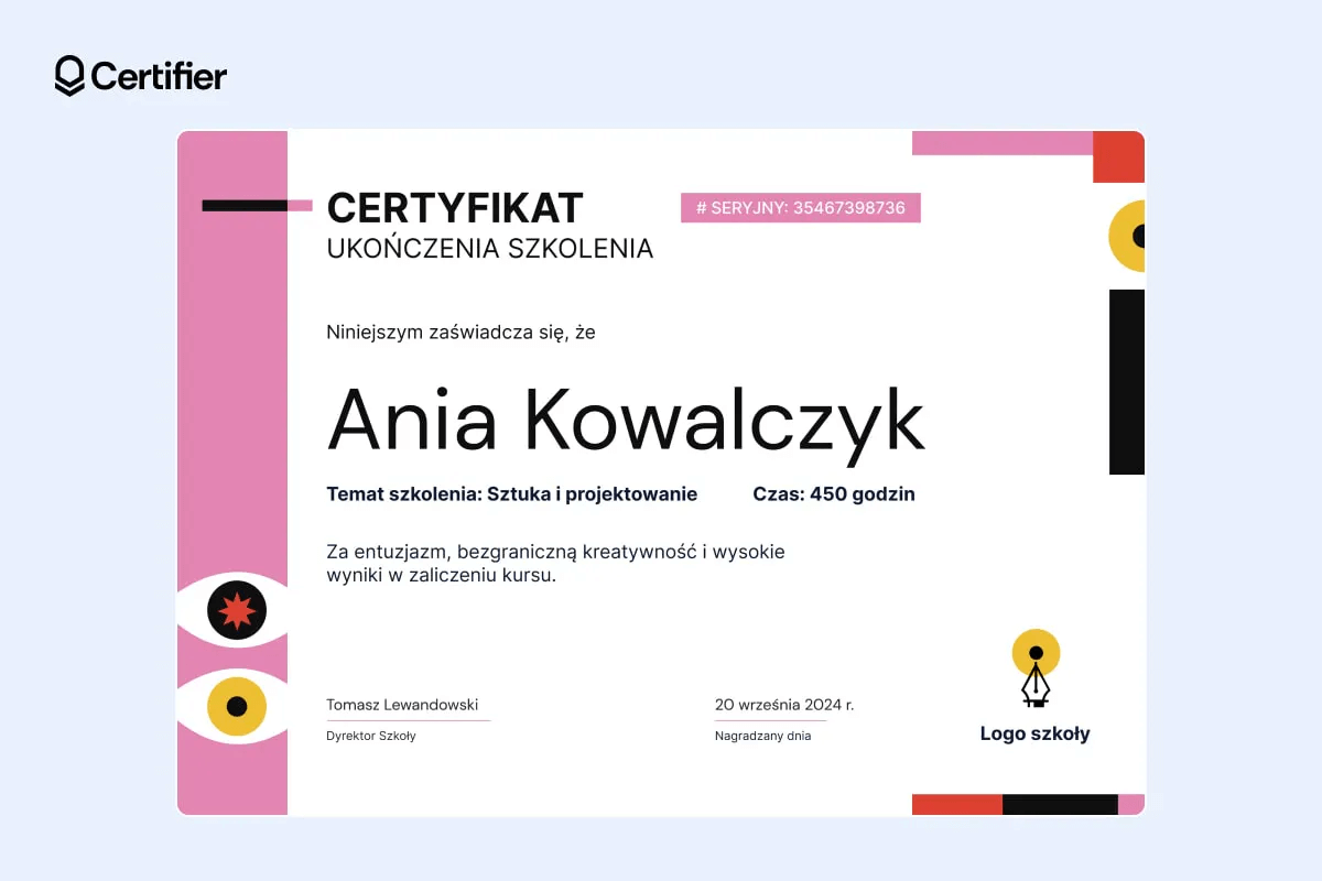 Efektywny projekt certyfikatu w różowych kolorach.