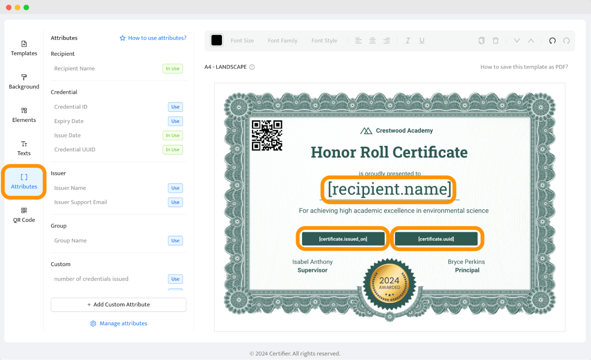 Adding dynamic attributes to the membership certificate template.