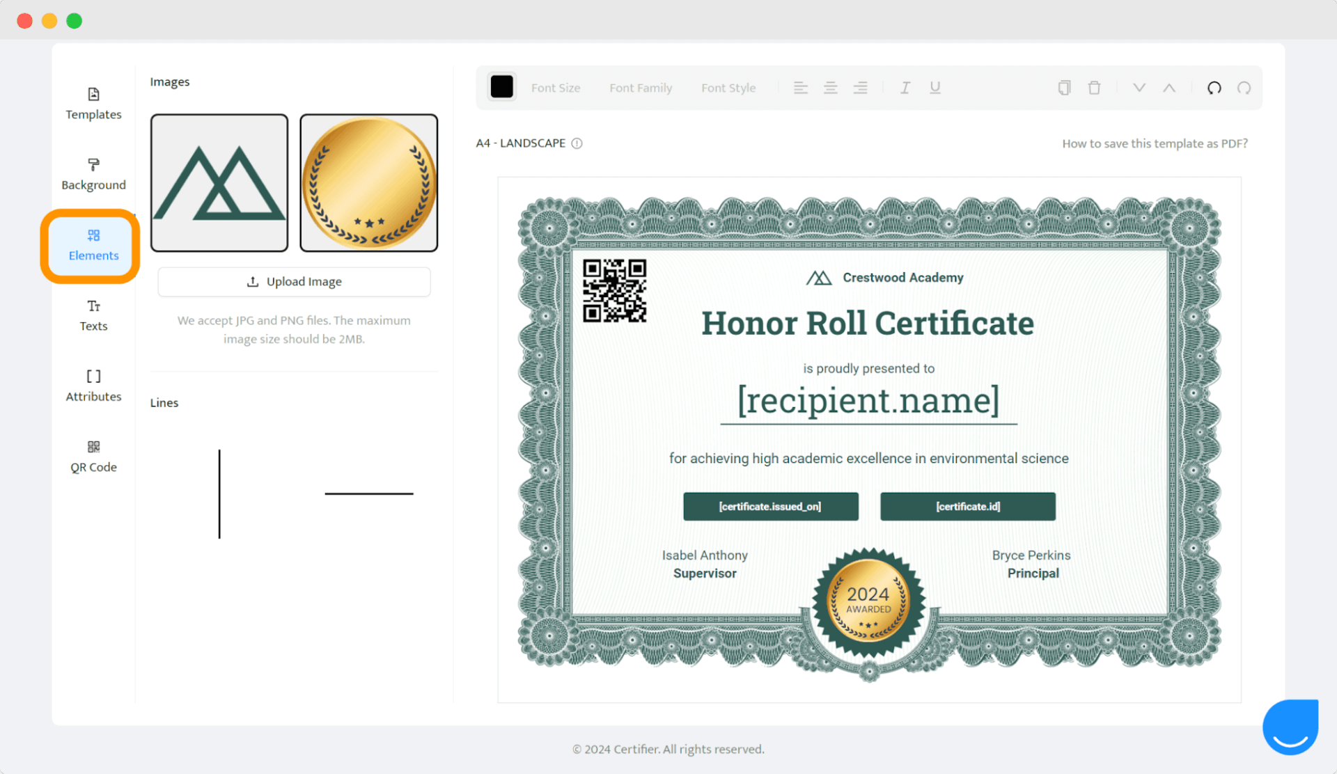 Certifier’s credential builder where you can create with honors certificate.