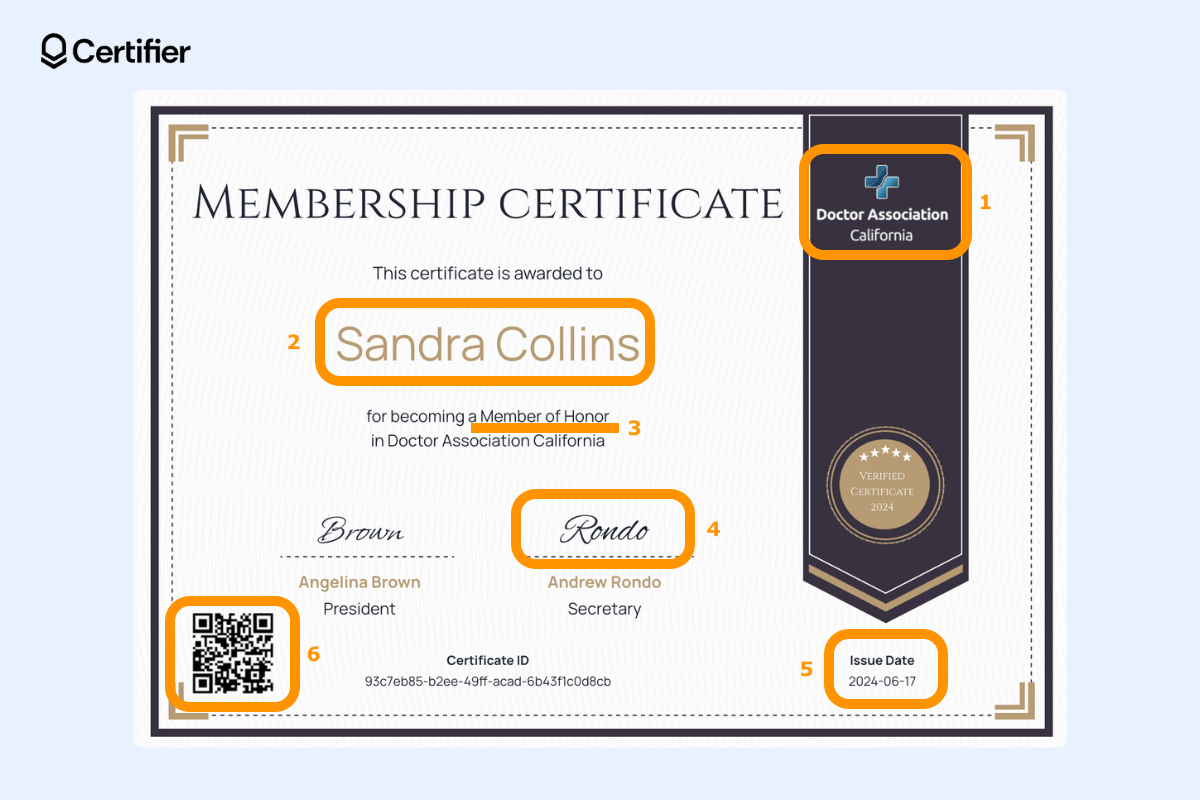 Certificate of membership content elements relevant for associations such as logo, QR code, signatures, recipient’s name, issue date and a member’s title of honor.