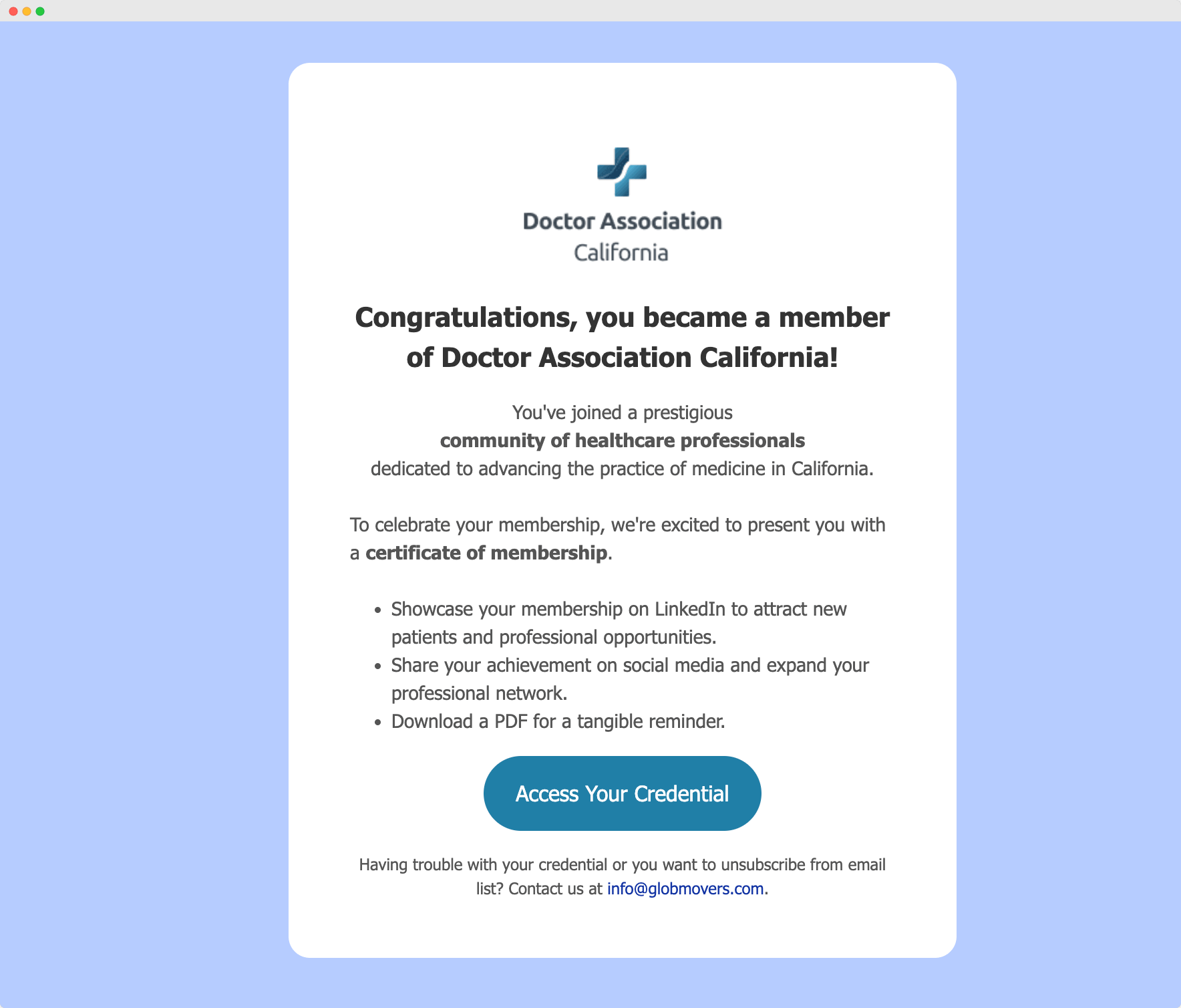 The personalized certificate membership email example sent with Certifier that contain logo and the CTA button to access the credential.