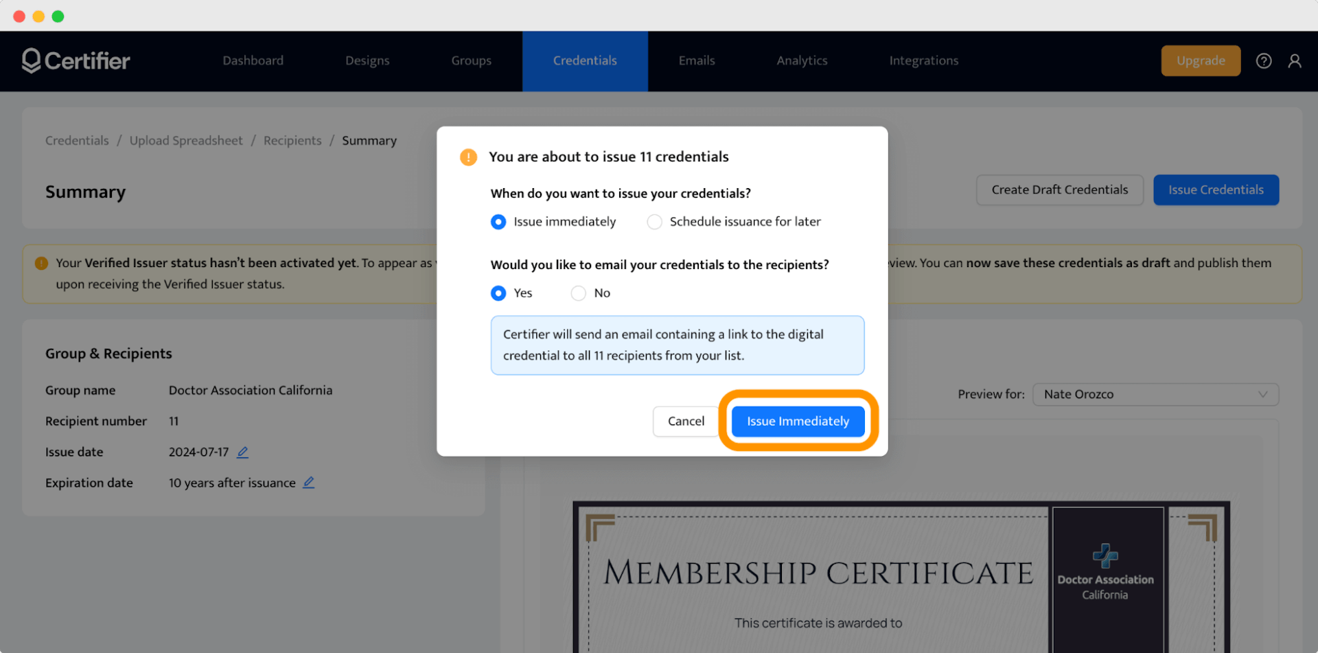 The options to issue membership certificates via the Certifier membership certificate maker.