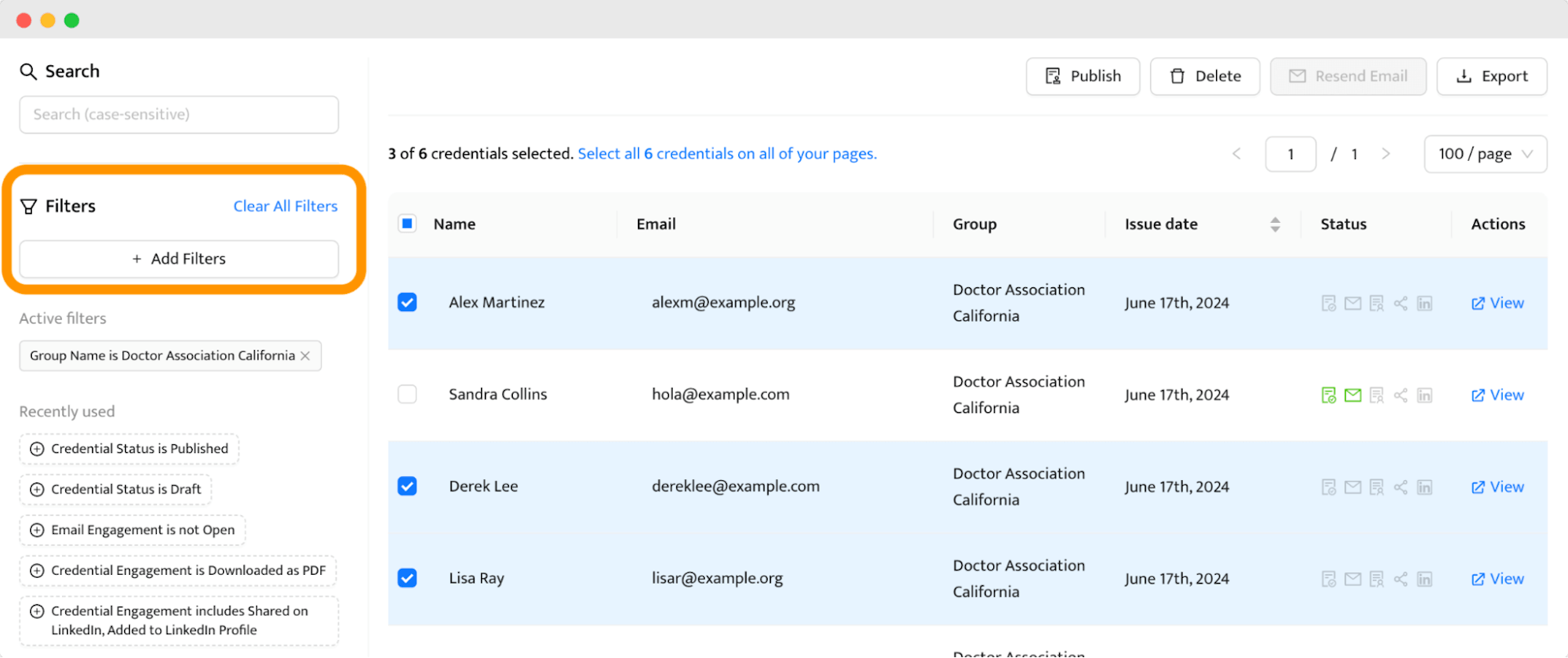 Filters within the Certifier dashboard to manage certificates of membership in an organization.