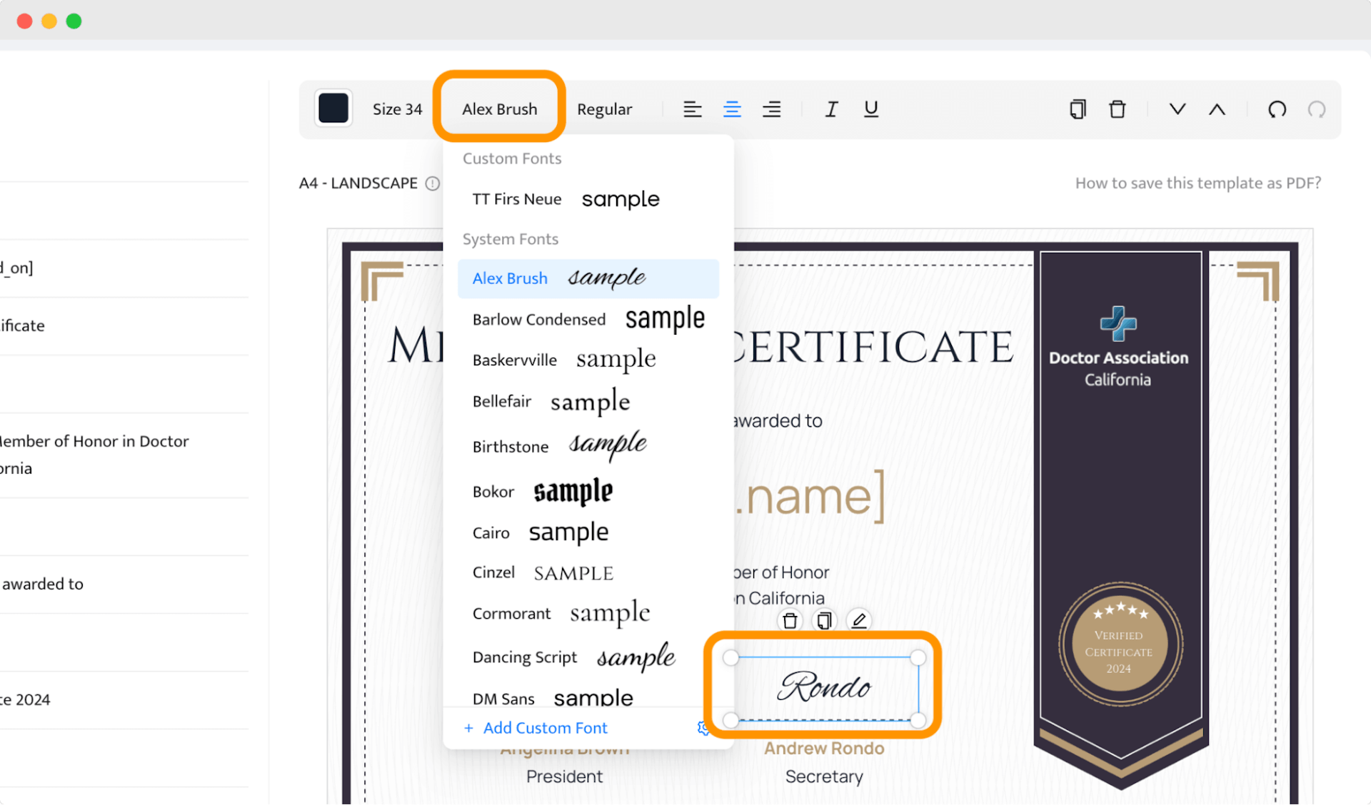 Adjusting the certificate of membership wording by changing fonts and adding signatures.