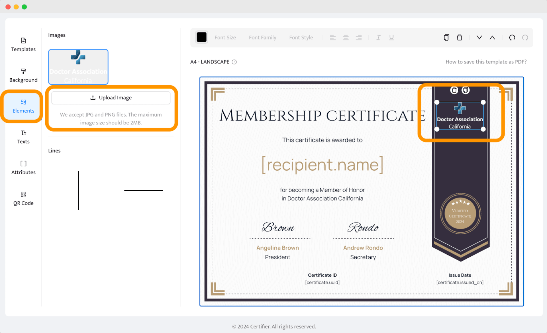 Here's the second step of how to make a certificate of membership using Certifier editor and adding the logo of the organization.