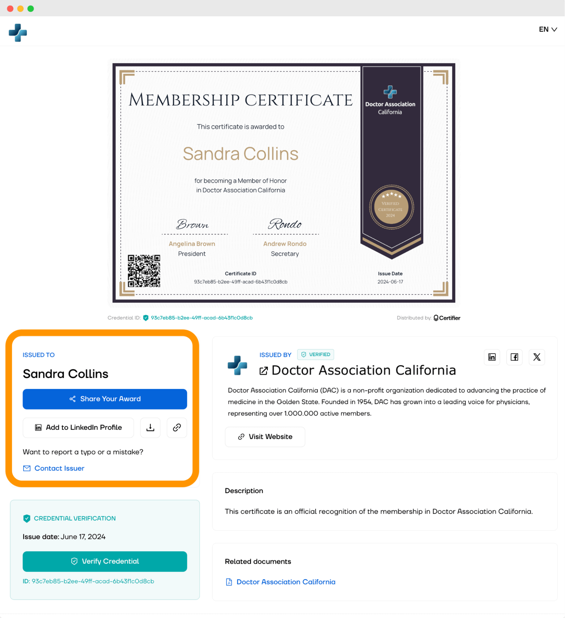 Customizable digital wallet with options to download, share, and interact with the sample of certificate of membership in an association.