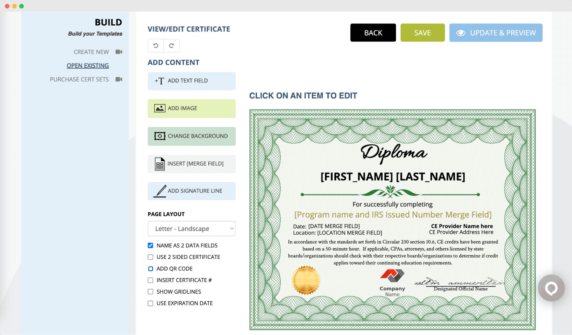 SimpleCert high school diploma generator interface showing a certificate template with customization options for adding text, images, and merge fields.