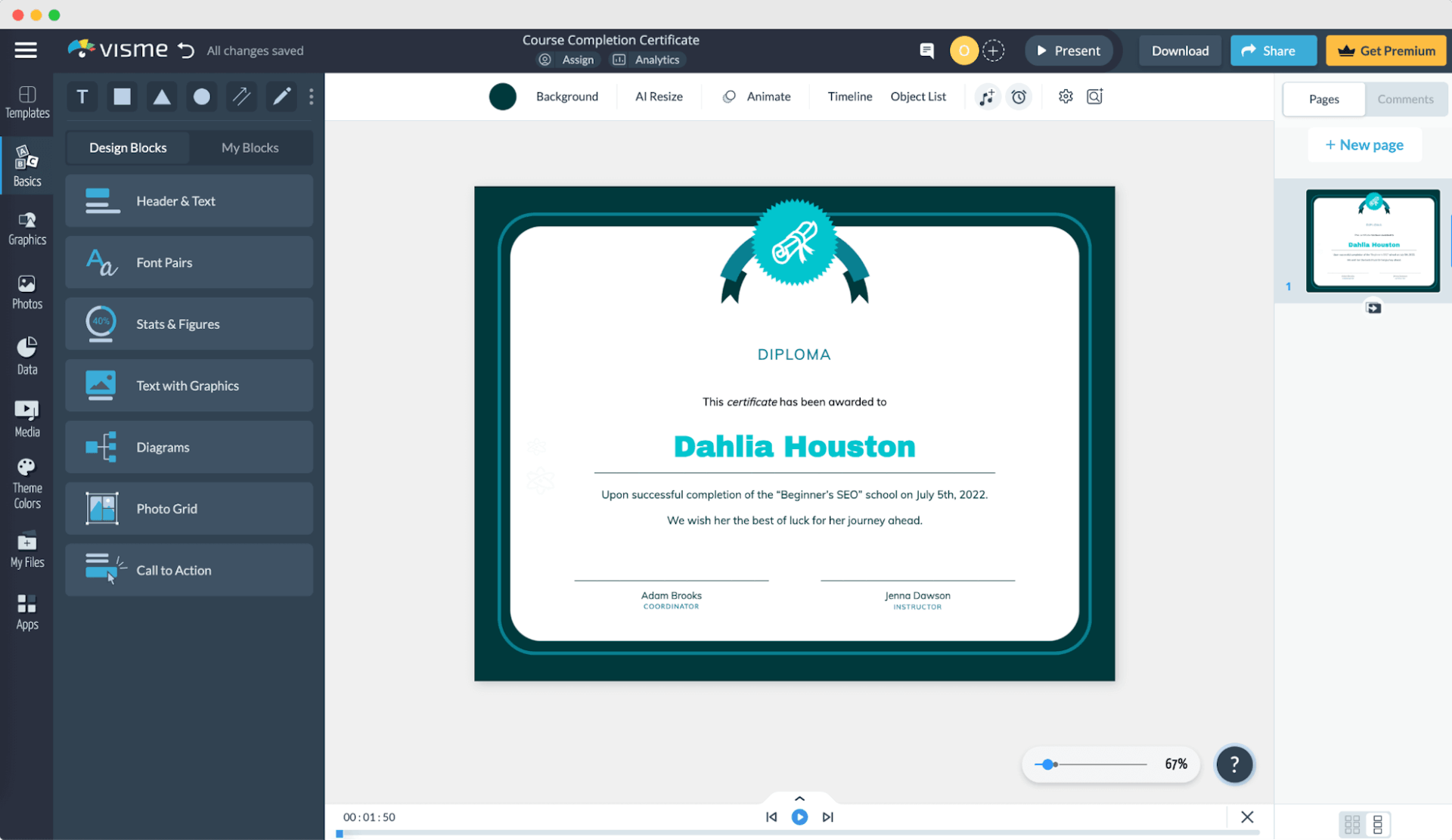Visme diploma creator showing a diploma certificate with customization options on the left sidebar.
