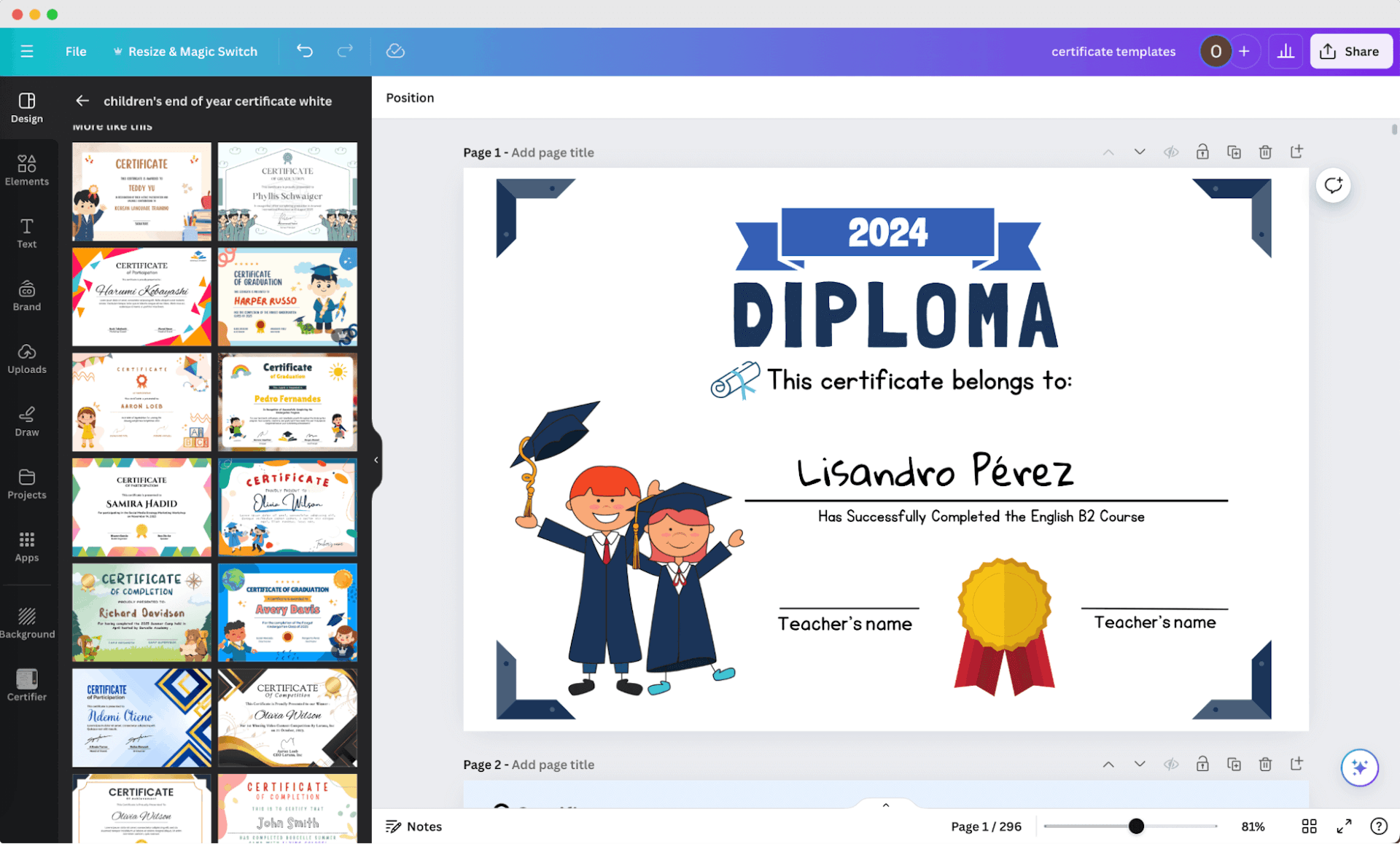 Canva diploma generator free interface with a children's diploma with customization options.