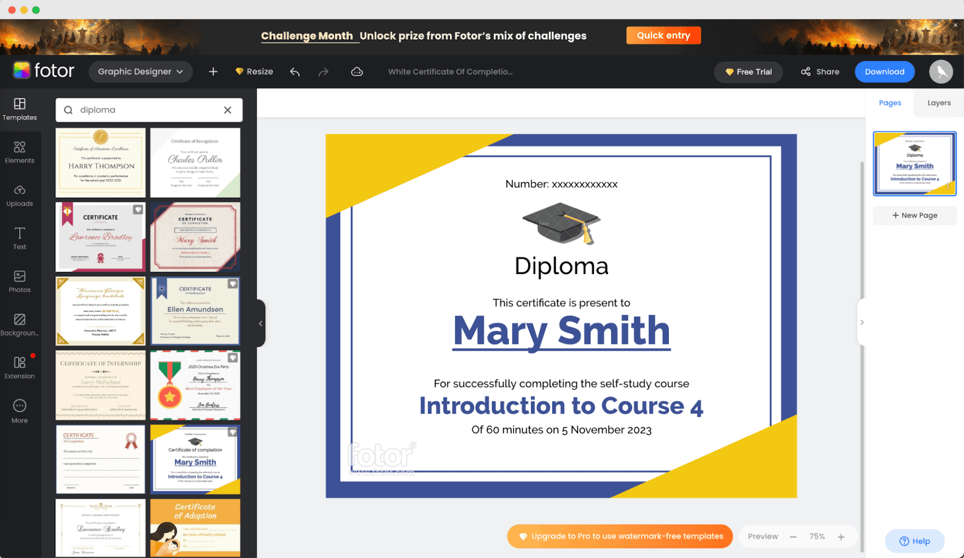 An online diploma maker tool from Fotor with a selected diploma template featuring a blue and yellow design.