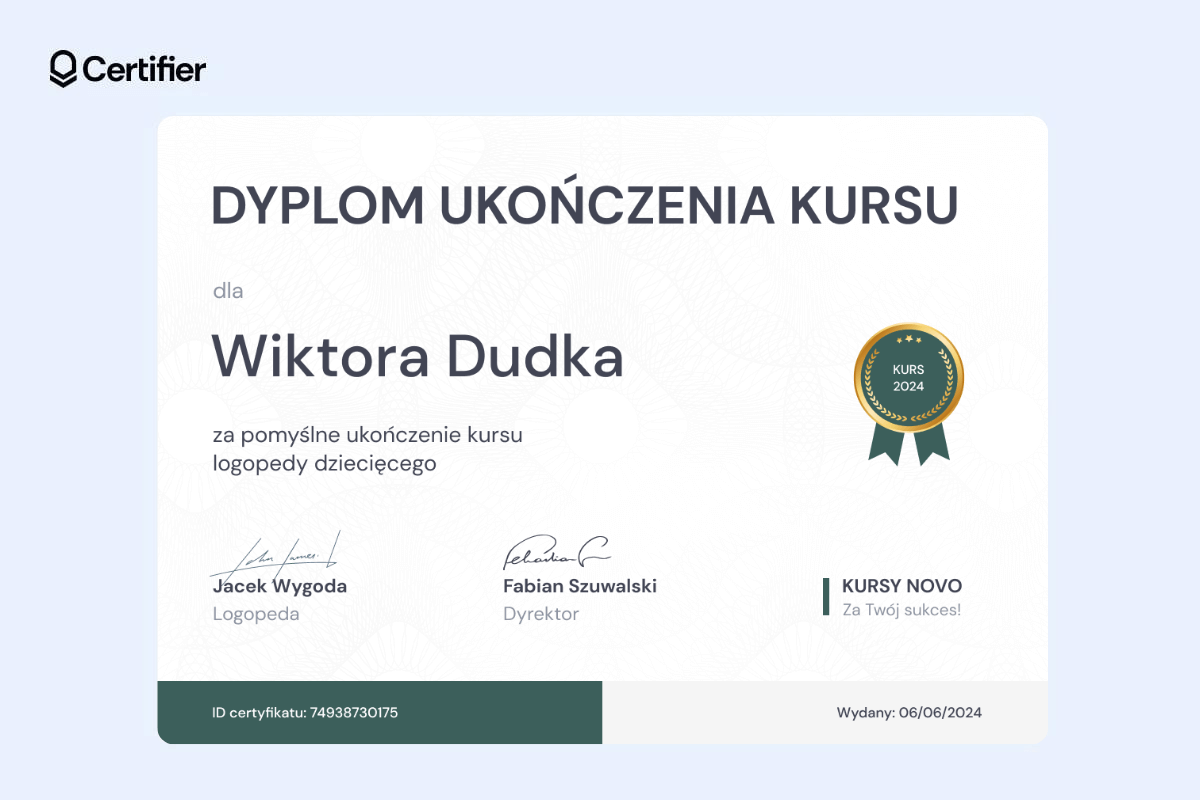 Dyplom ukończenia kursu z numerem dyplomu na dole.