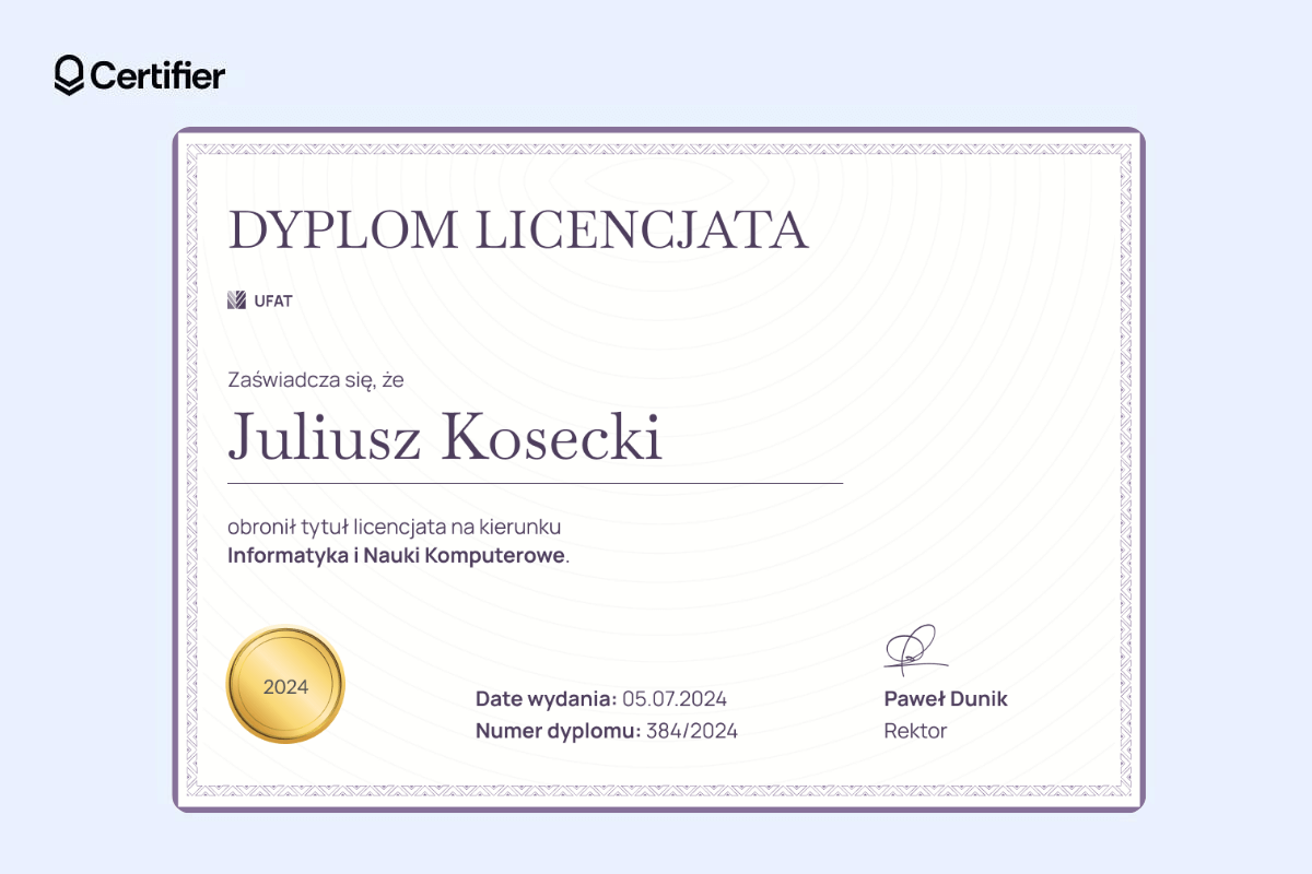 Dyplom licencjata ze złotą odznaką w lewym dolnym rogu.