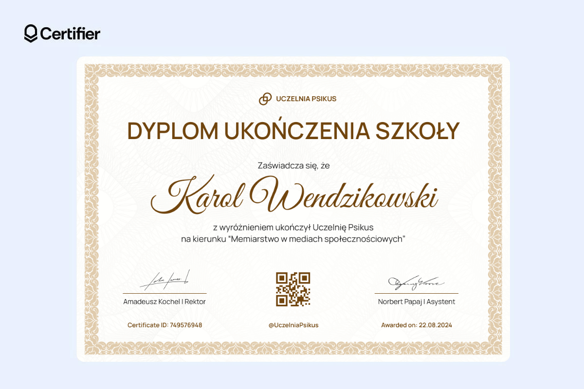 Złoty dyplom ukończenia szkoły z kodem QR.