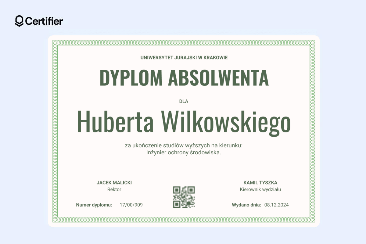 Zielony szablon dyplomu absolwenta z kodem QR.