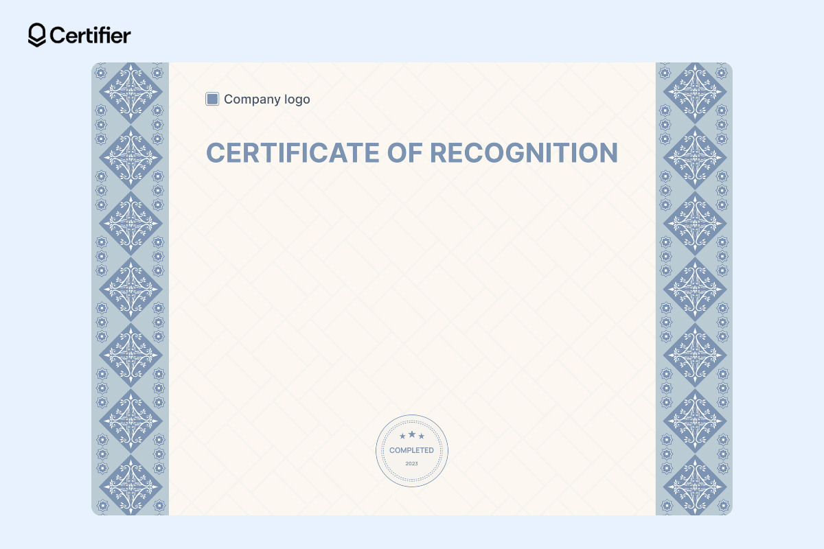 Background certificate of recognition with a light cream background and blue ribbons on the sides.